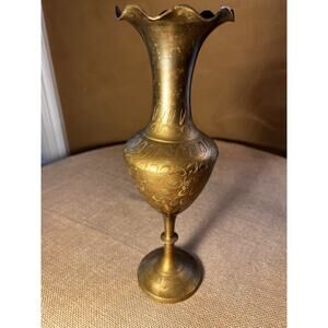 Vintage Solid Brass Hand Etched Engraved 12” Tall Vase - Made In India